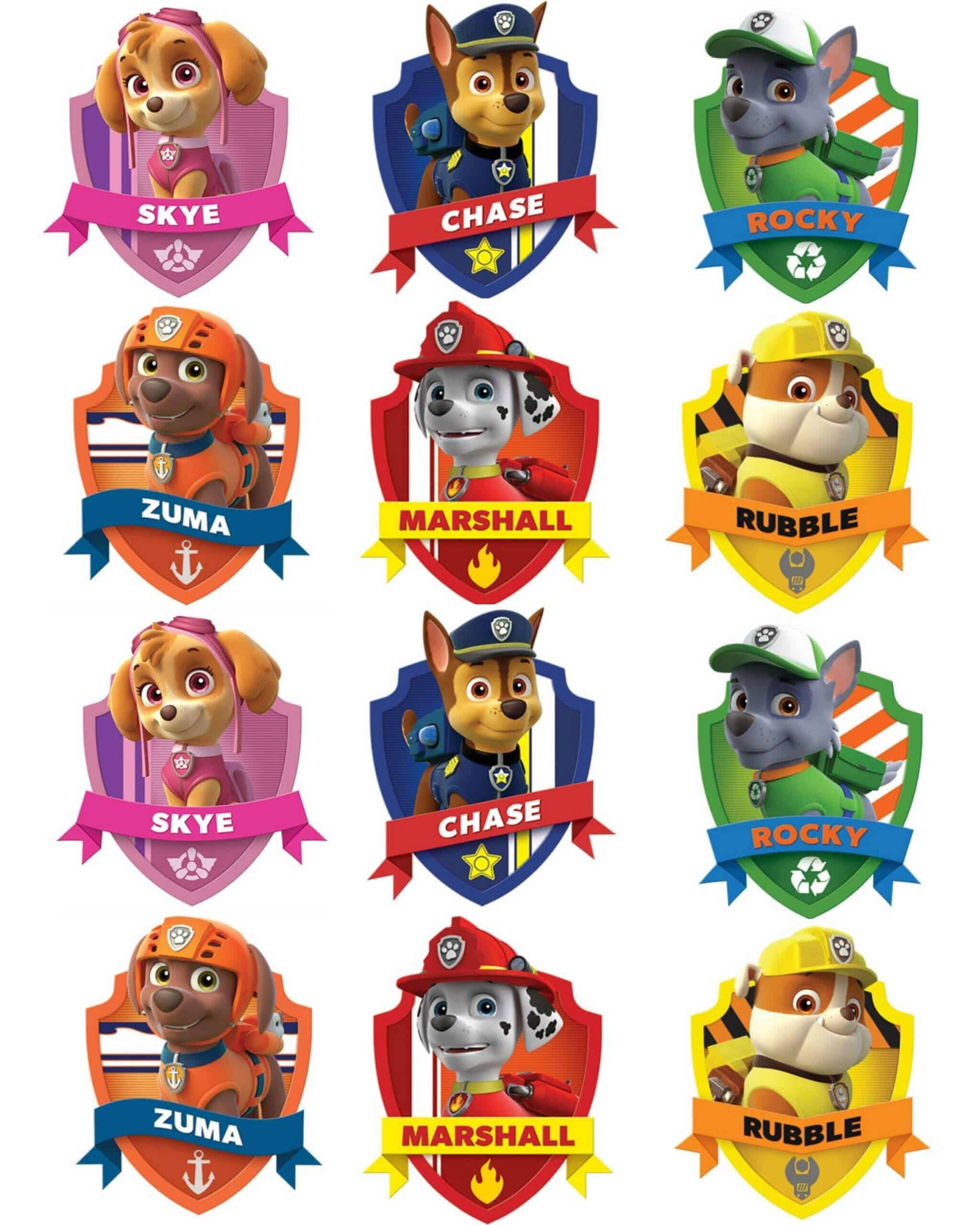 Kageprint / Sukkerprint Paw Patrol Character Badges 19×27 med tekst