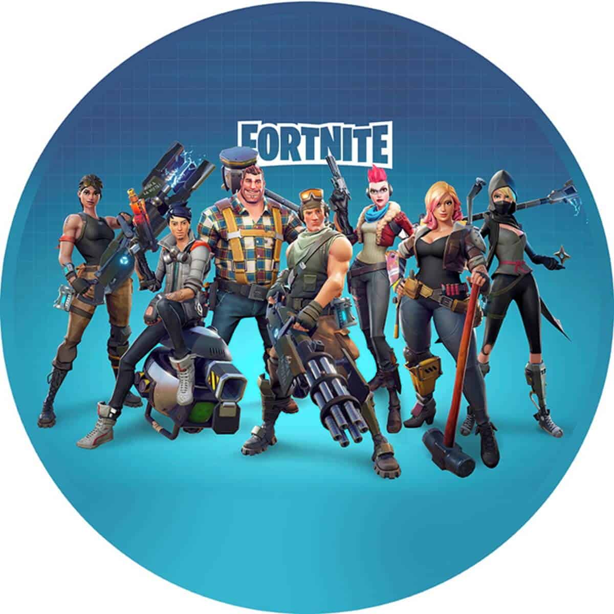 Flugtforside med Fortnite-figurer, printet på kage, til fødselsdagsfest, populært design, børnefest, personaliseret kageprint.