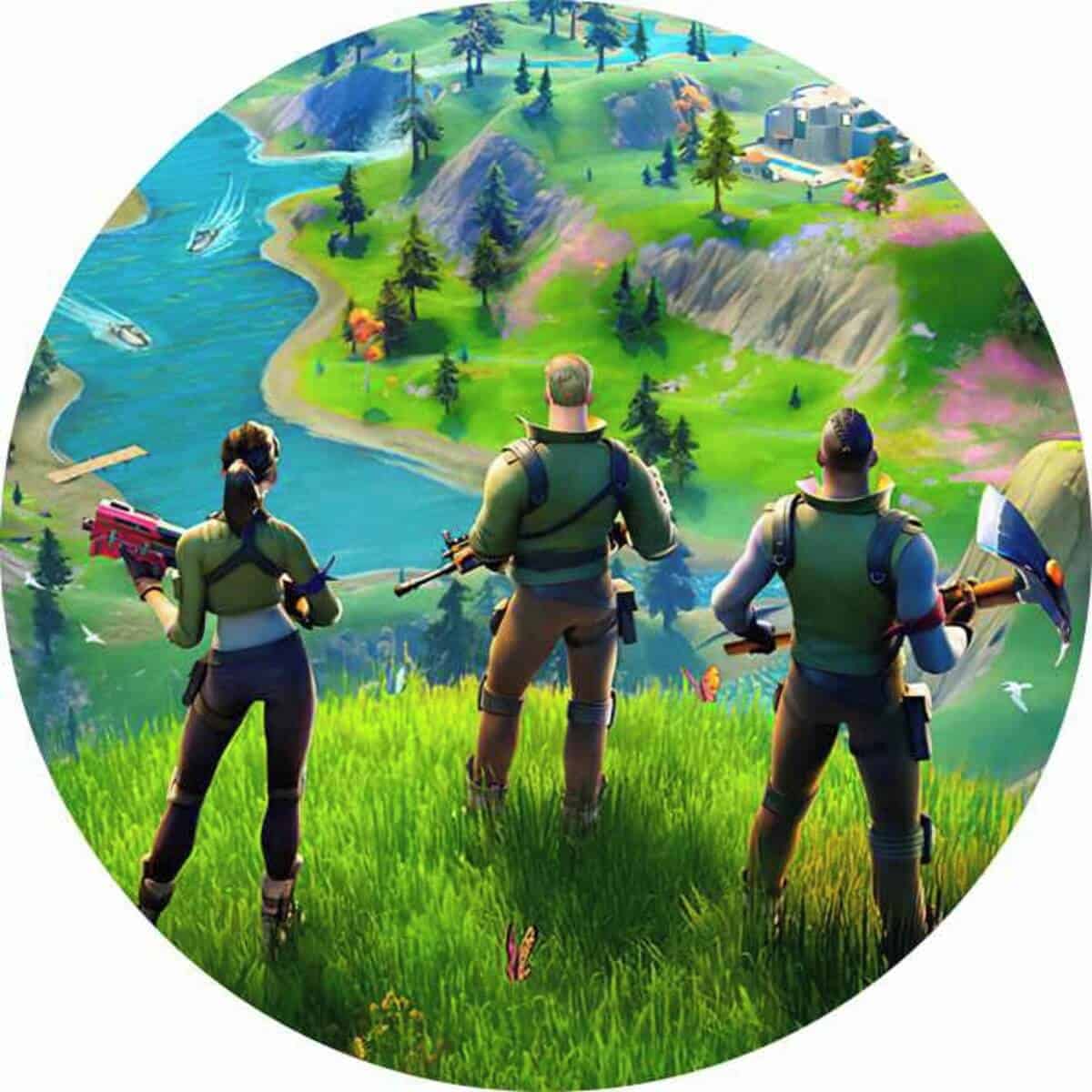 Epic Fortnite landskab med tre spillere klar til kamp.