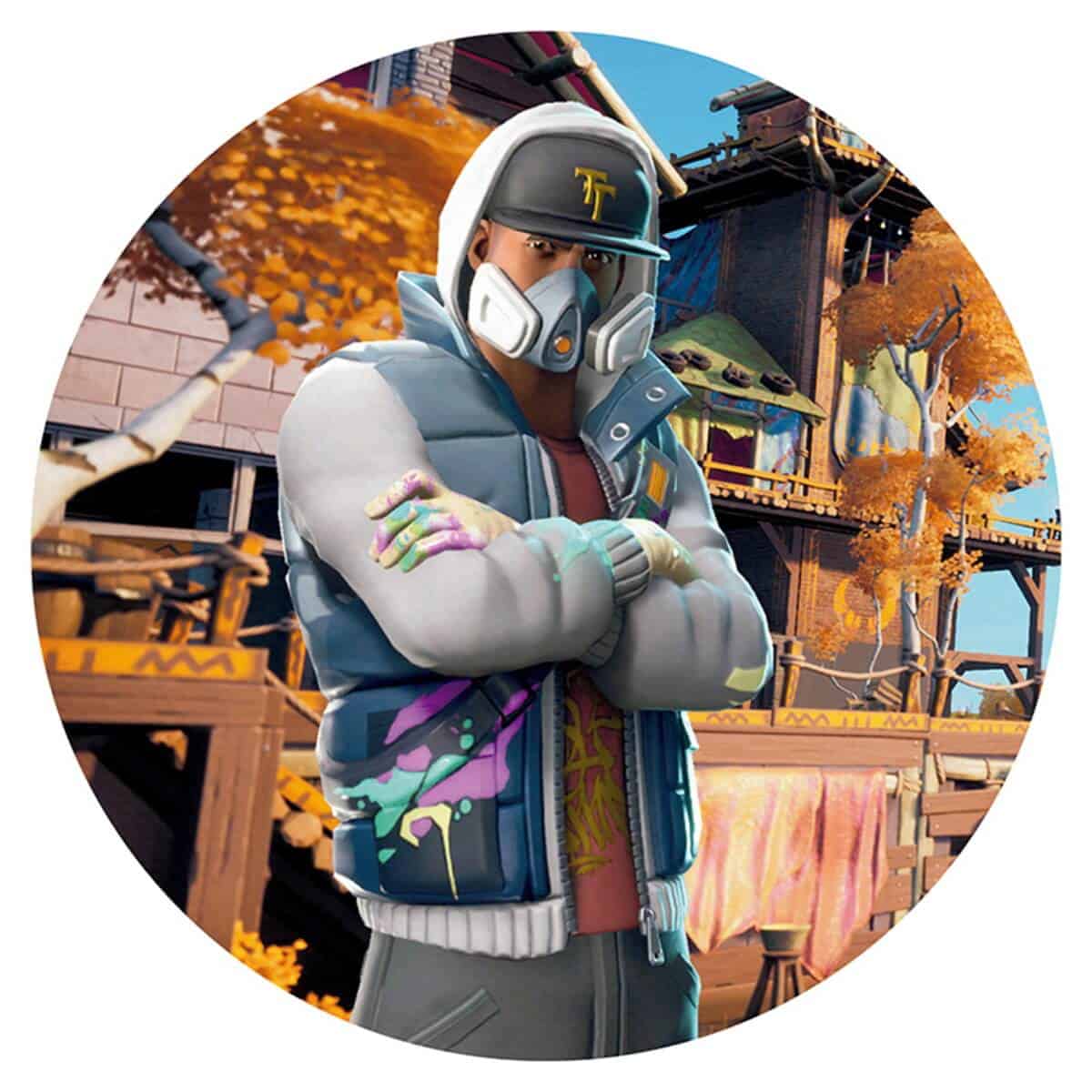 - Farverig gaming-figur med maske, hoodie og graffiti-design foran fantasifuldt spillemiljø.