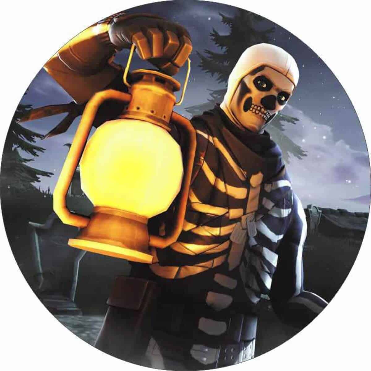 Skullskeemand med lanterne i nattelandskab Halloween-tema i Fortnite-spil.