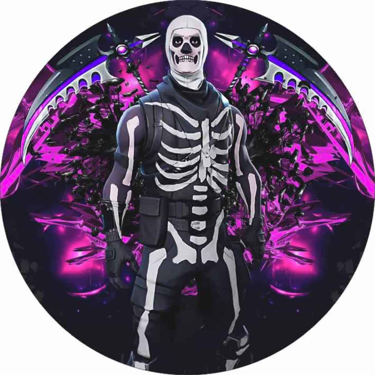 Motiver/koreografisk mand i skaller, sort tøj med benklæder, futuristisk baggrund med neonpink og violet lys.