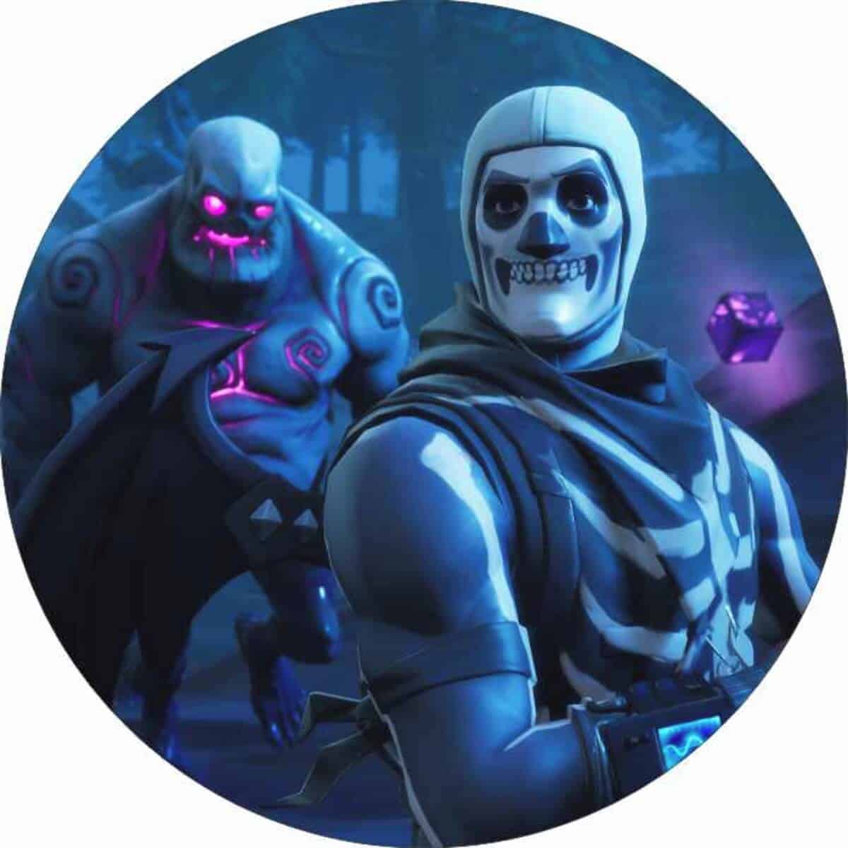 Fantasiful Fortnite-figur med skelethelte og blå dystopisk baggrund.