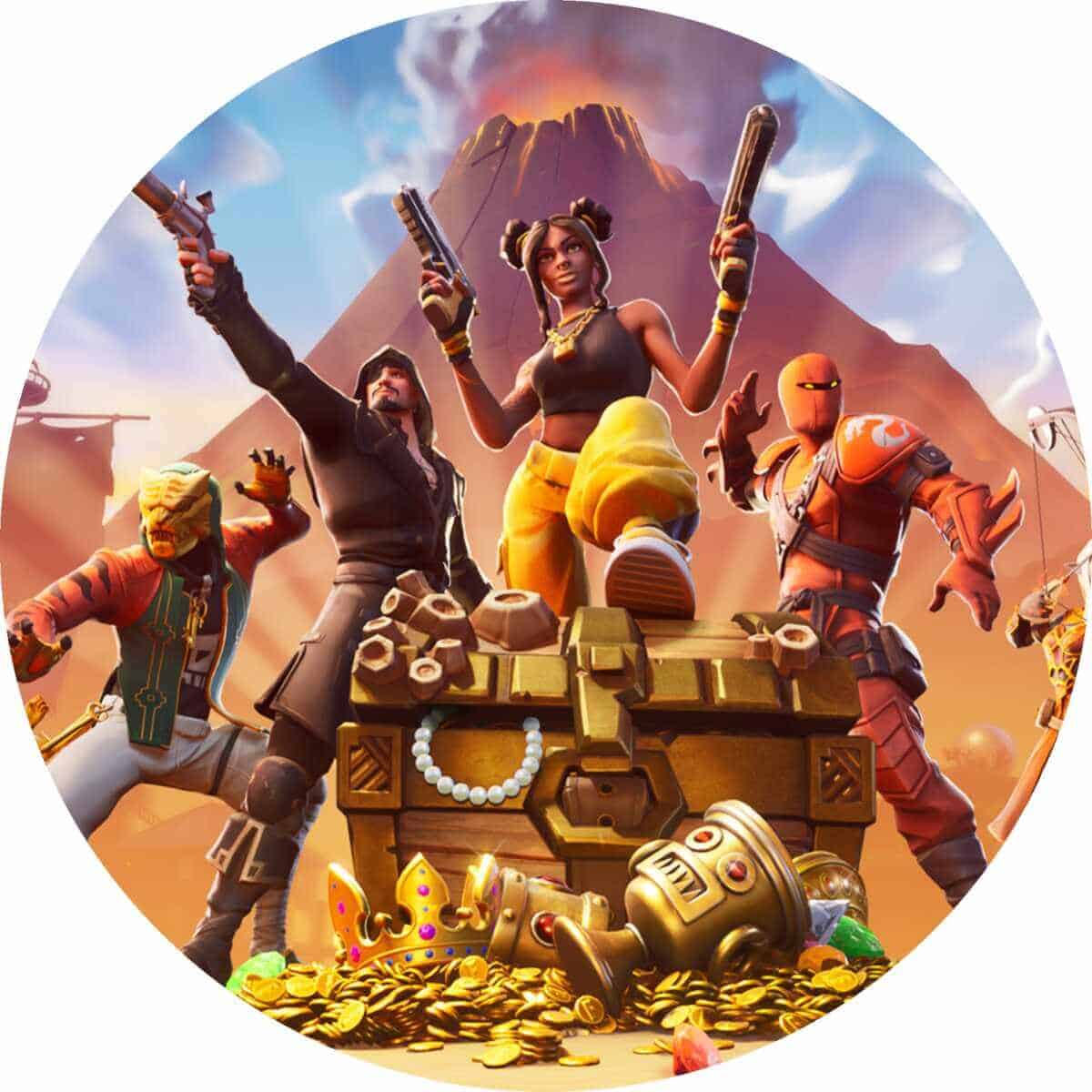 Loostransport og spilfigurer fra Fortnite med guldmønter og skattekiste.