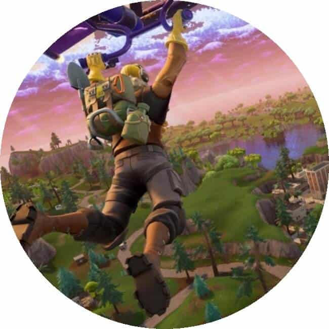 Flyvende gamer i Fortnite med landskab i baggrunden.