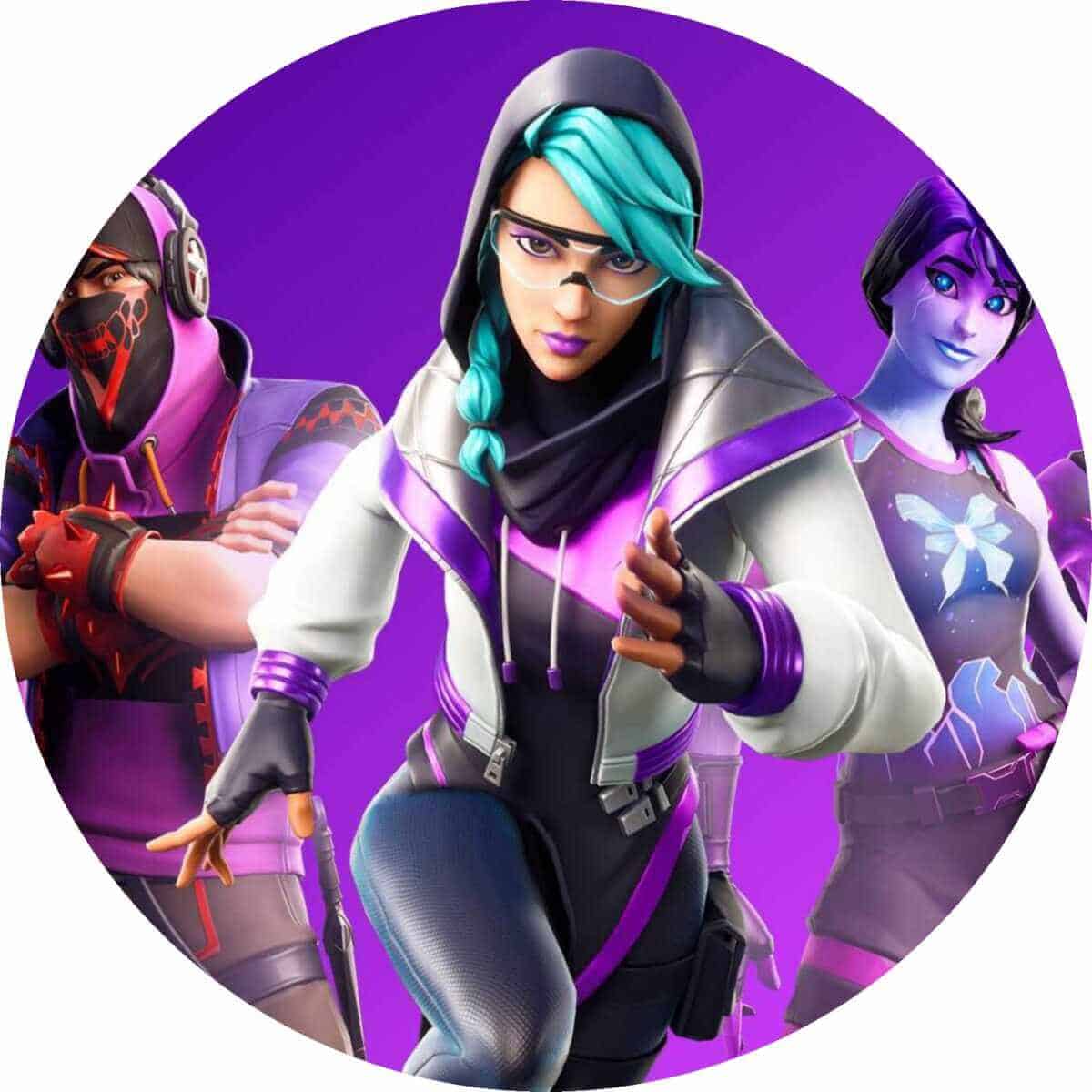 Klar Fortnite-illustration med tre karakterer med farverige kostumer og futuristisk baggrund.