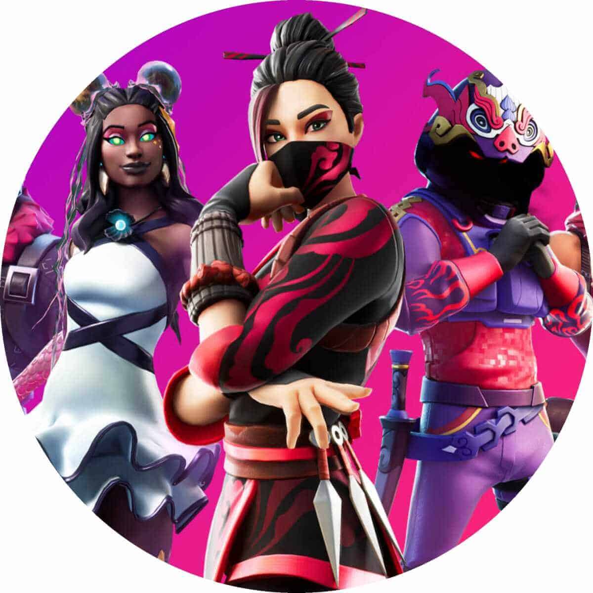 Kunstnerisk Fortnite karakter på en pink baggrund, farverigt og indbydende gaming-illustration.
