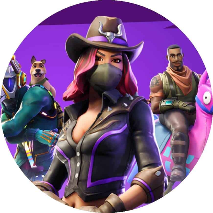 Farverig Fortnite-figur med hat og ansigtsmaske, omgivet af farverige spilkarakterer.