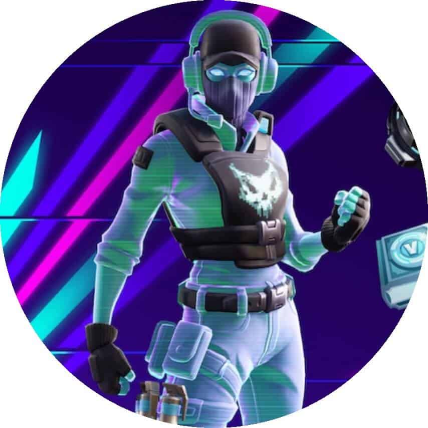 Unik Fortnite-figur med neonfarvet design, perfekt til fødselsdagskager og kostumer.