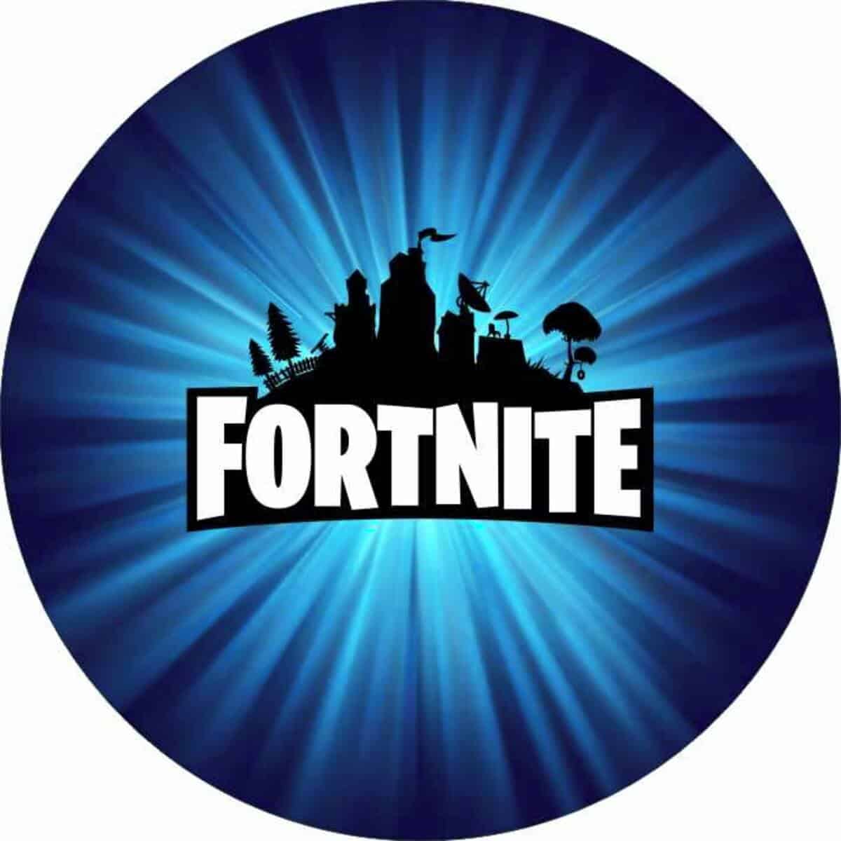 Fortnite logo med blå baggrund og gods-agtig silhuet.