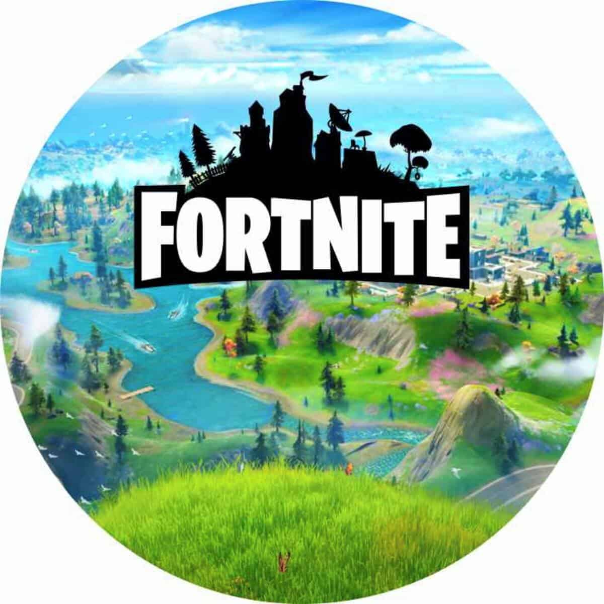 Kageprint Fortnite landskab med logo - til personligt tryk og unikke kagekunstværker.