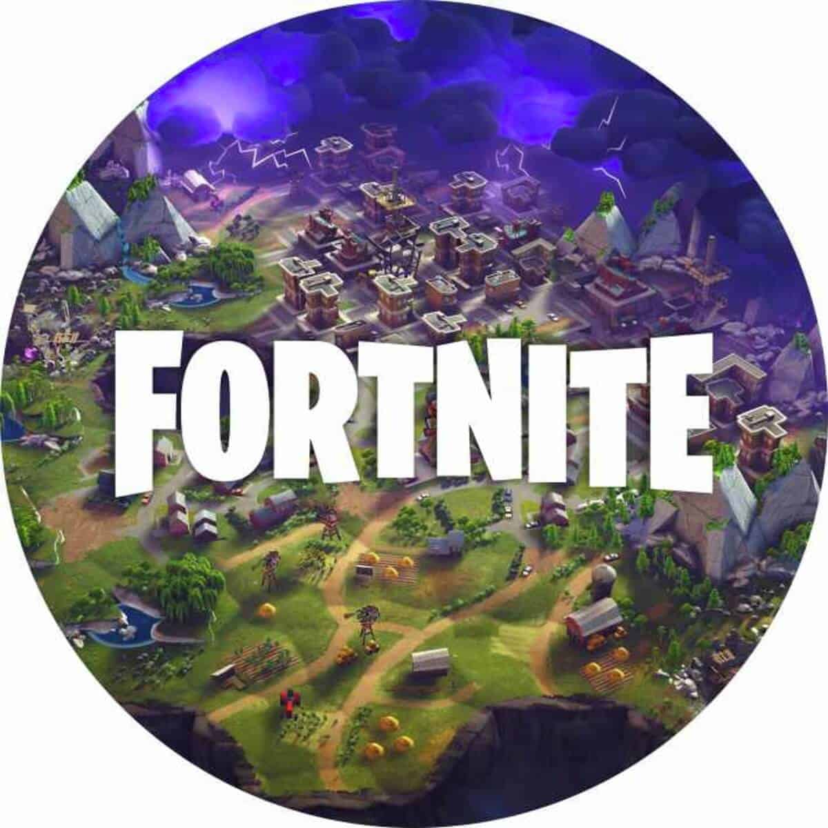 Fortnite tema kop med bylandskab og stormskyer, perfekt til spilrelaterede print til fødselsdage og events.