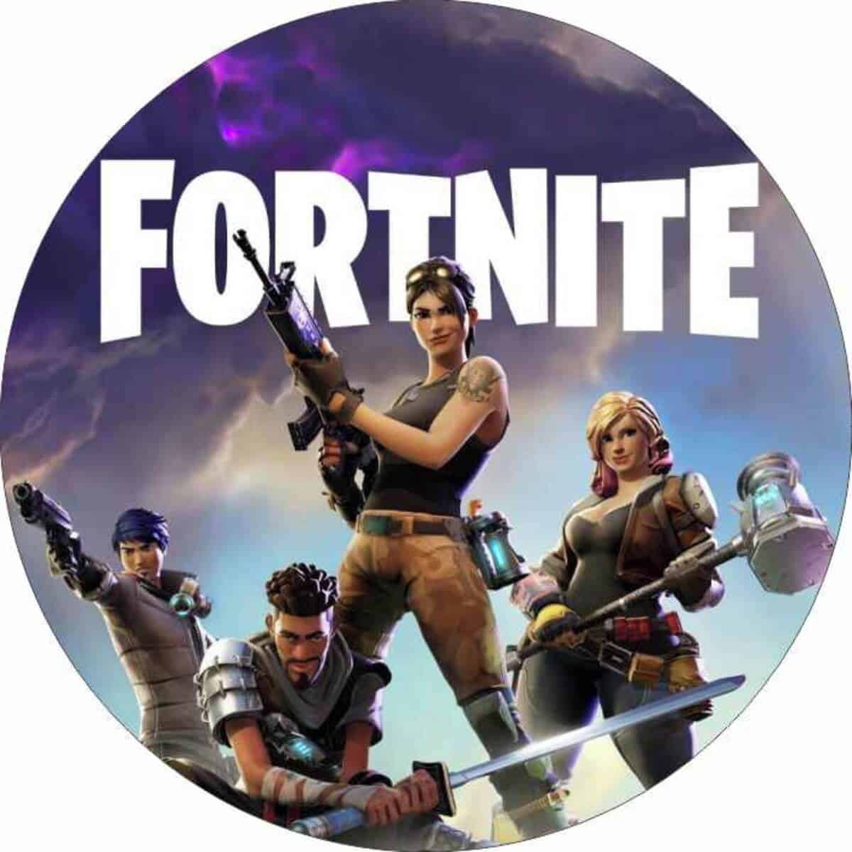Fortnite figurer med våben og action på en rund logo, populært spilmotiv, der fremhæver spillets spil- og gaming-tema.