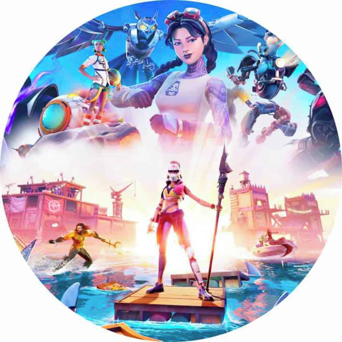 Kunstig spill med Fortnite-tema, farverige karakterer, skibe og bylandskab, perfekt til fødselsdage og børnefester.