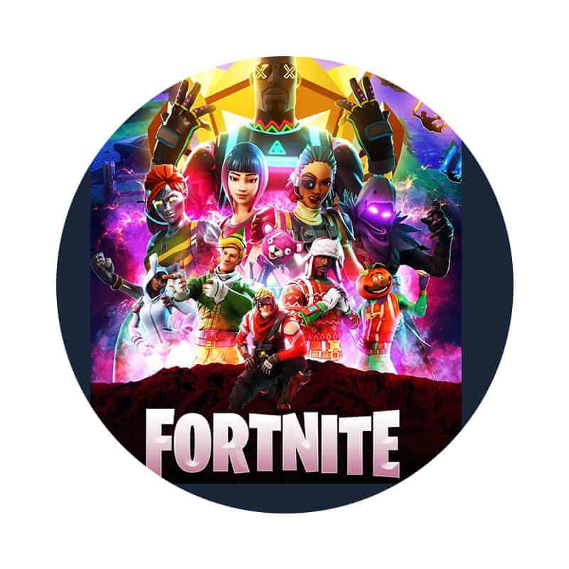Minecraft inspired Fortnite temaball med karakterer og farverige elementer, perfekt til fødselsdagskage.