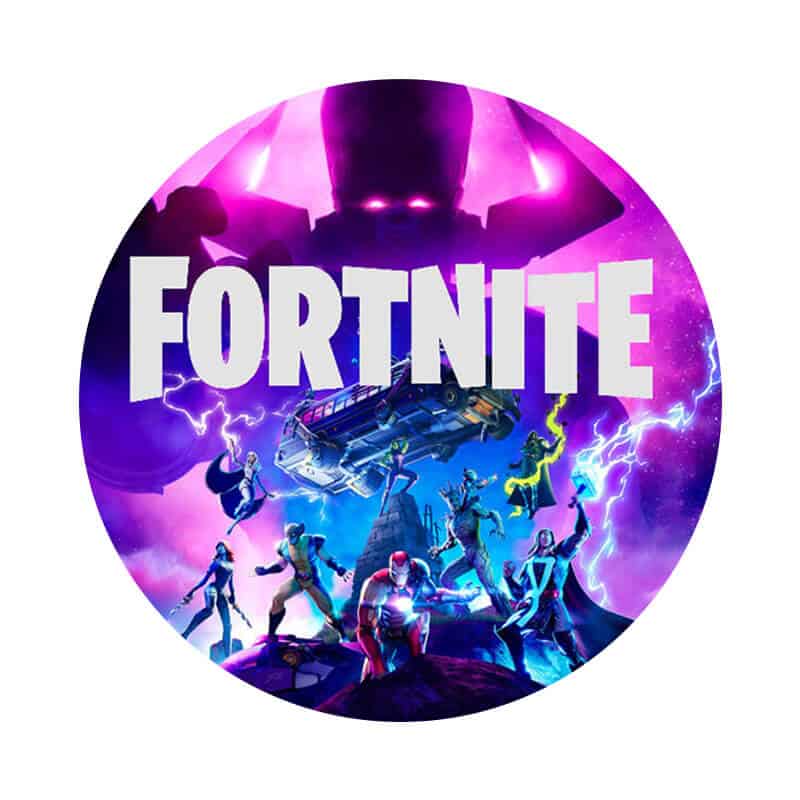 Fortnite tema på rund kage med figurer og spilæstetik, perfekt til børnefødselsdagen.