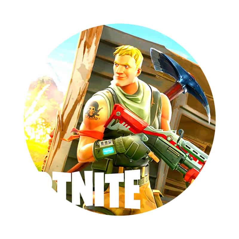 Gamerfigur fra Fortnite med pickaxe og våben, populært videospil-design.