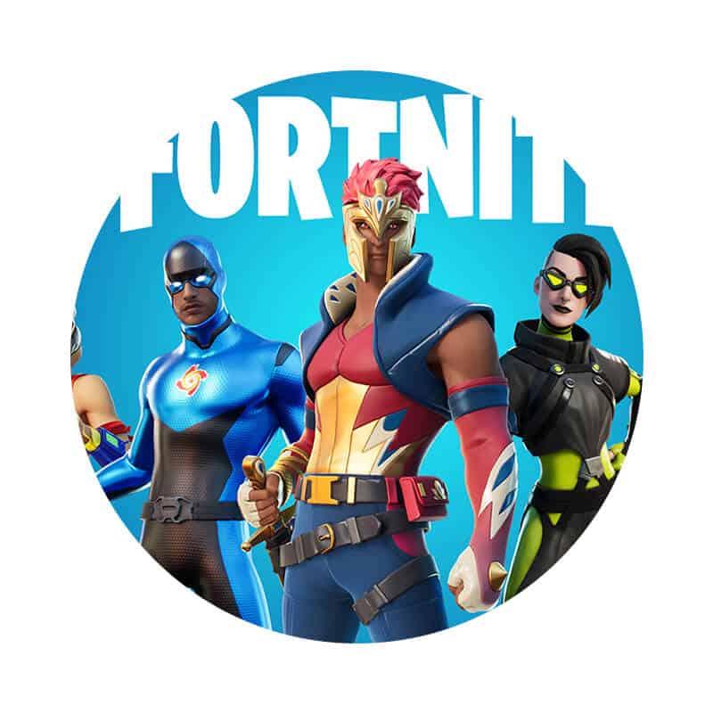 Superhelte fra Fortnite på fødselsdagskageprint. Perfekt til gaming og børnefødselsdage. Høj kvalitet cake print med populære figurer.
