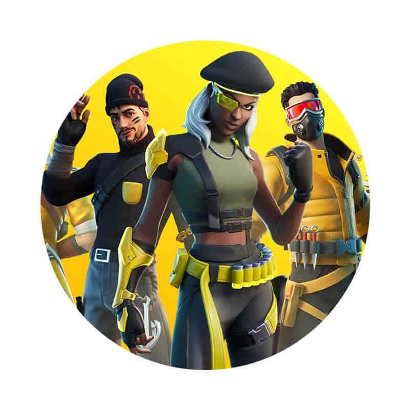 Farverige Fortnite-figurer med futuristisk beklædning og udstyr, klar til kamp.