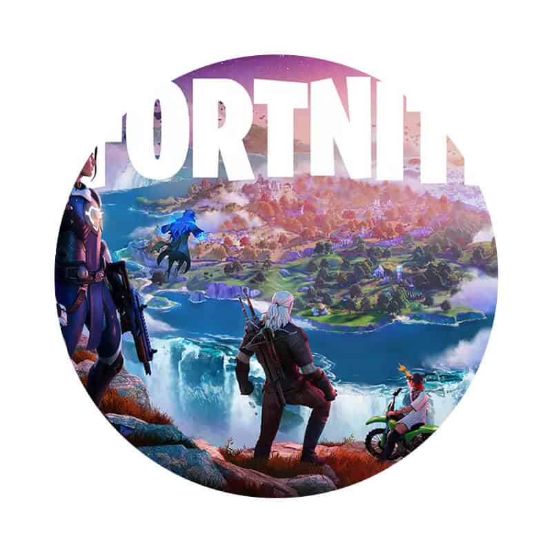 Billede af Fortnite-tema med karakterer ved en smuk landskabskyst.