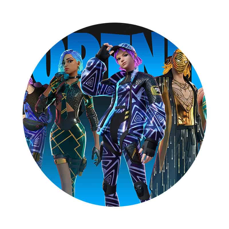 Farverige, futuristiske digital kunstværker med neonlys og kreative kostumer.