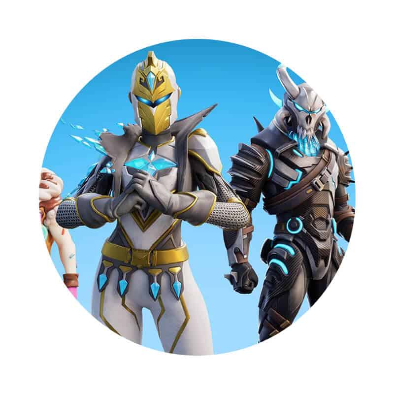 Gladiator- og robotkarakterer fra Fortnite med futuristisk design og kraftfulde udseende.