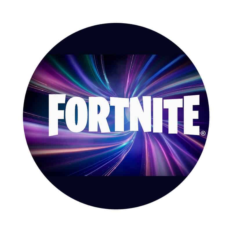 Fortnite logo med farverige lysskinner, populært videospil og e-sport element.