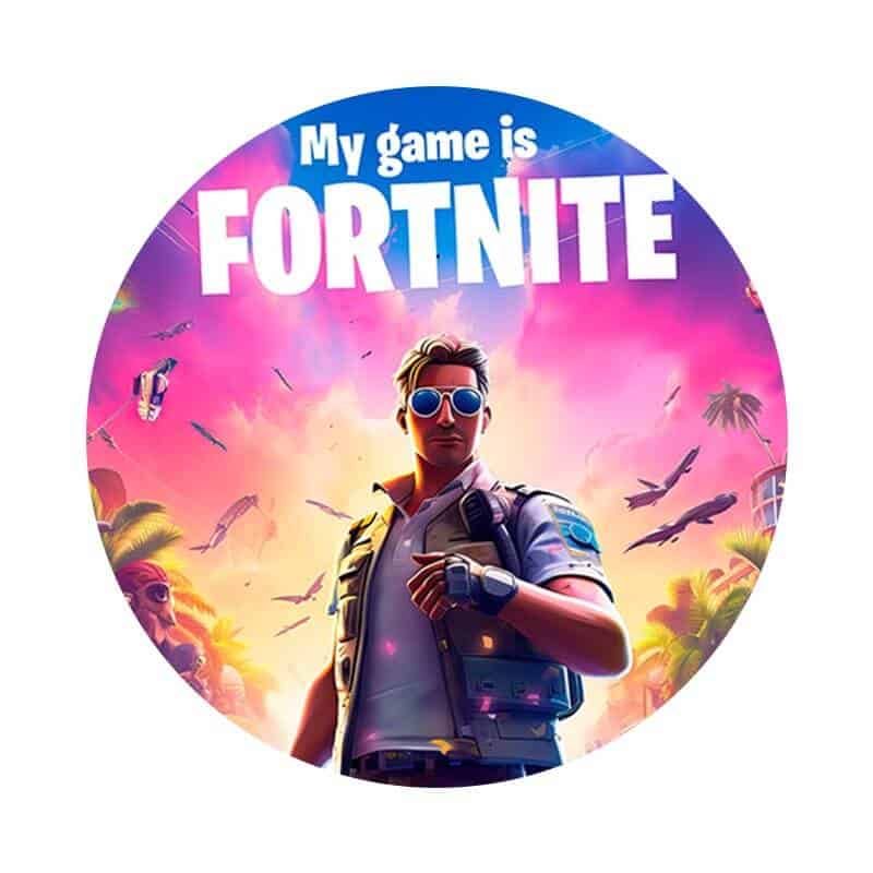 Un logo med "My game is FORTNITE" tekst og en spilfigur foran en tropisk baggrund med fly og palmer.