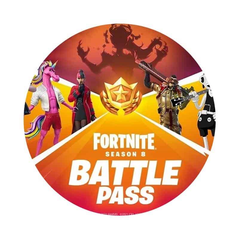 Farverigt Fortnite Battle Pass logo med karakterer fra spillet og drage i baggrunden.