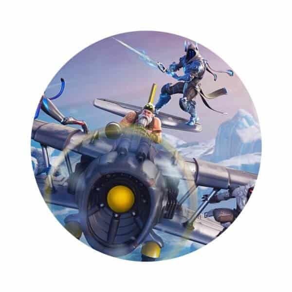 Kattegori: Spil, Fortnite, virtuel spil, action, flyvende kampfly, fantasiverden, eventyrligt spil, multiplayer, grafisk design, digitale spil.