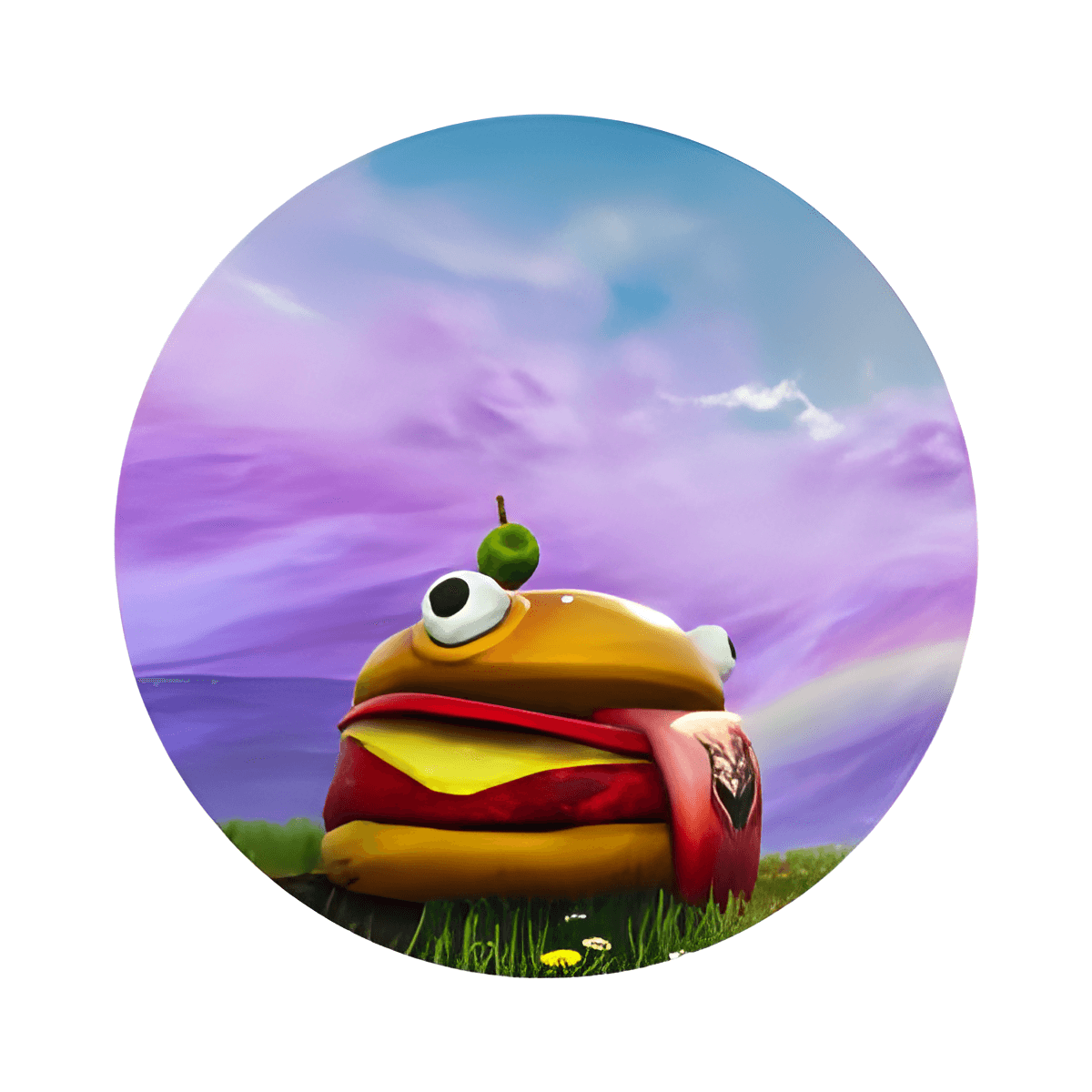 Unik burger-model med store øjne, grøn oliven på toppen og farverigt udseende, egnet til specialdesignede kager.