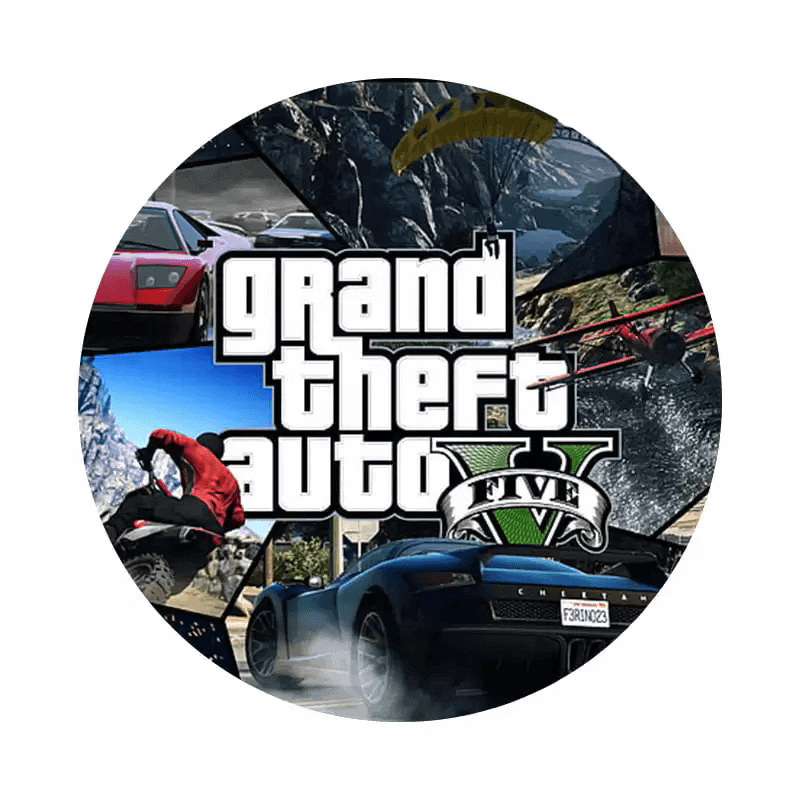 Grand Theft Auto V logo med biler, fri fart og eventyr, tilpasset fans af spillet og actionfyldte køreoplevelser.