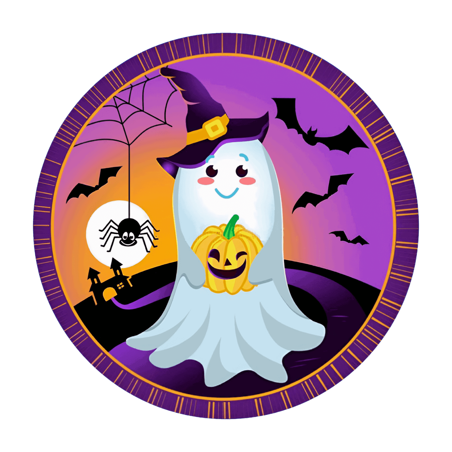 Billed af en sød spøgelsesdekoration til Halloween med græskar og flagermus.