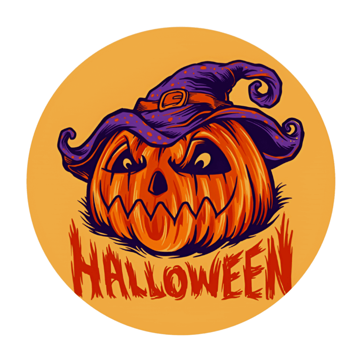 Halloween græskar med trykt ansigt og heksehat, perfekt til Halloween dekorationer.