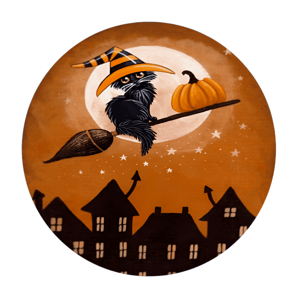 Mørk kat med heks- hatte og kost på kost, foran en fuldmåne med halloween-tema.