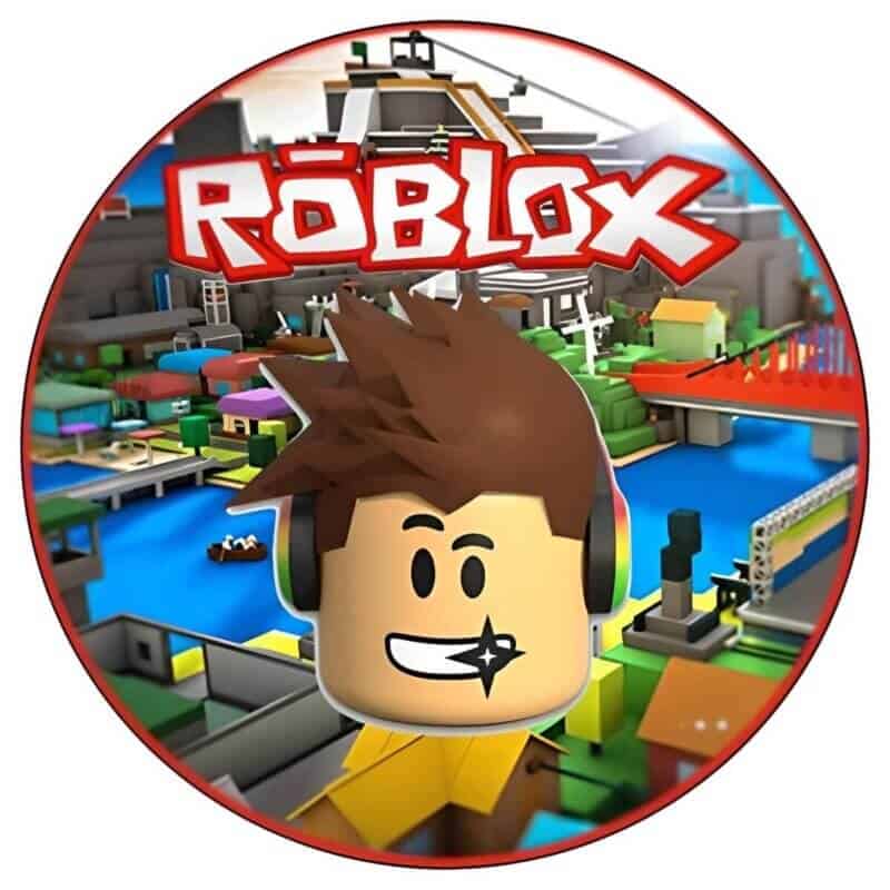 Roblox logo med legende spilverdener og karakter.
