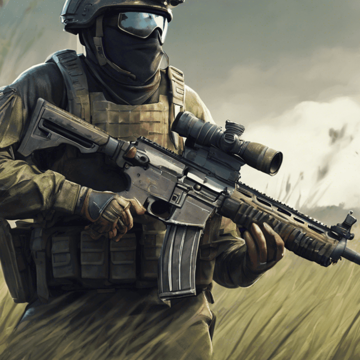 Superheld med militærlignende udstyr og haglgevær i græsmark.