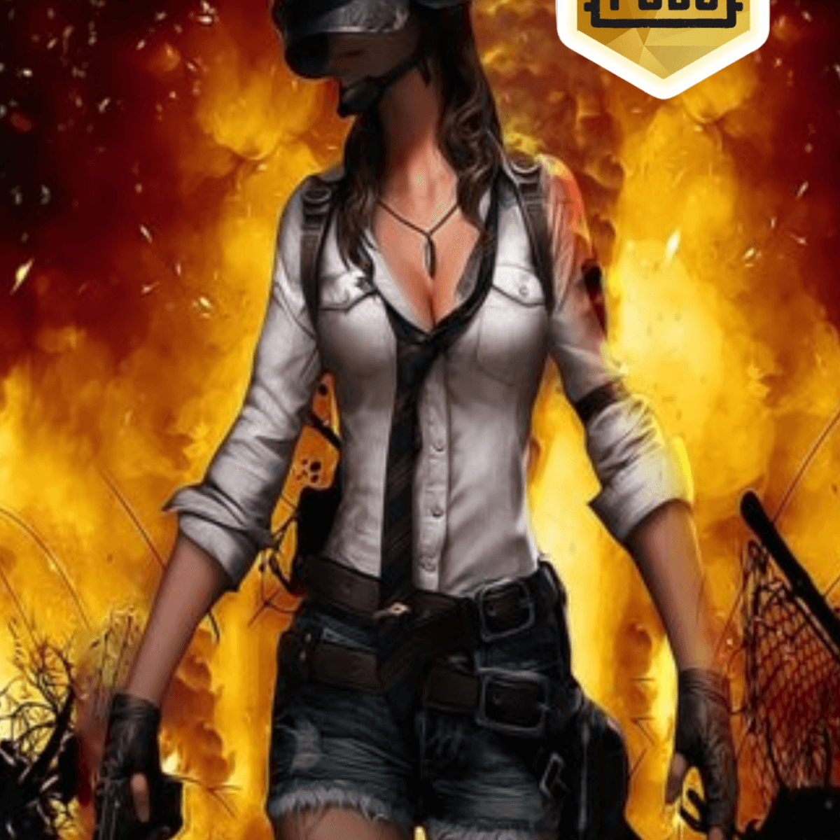 Dreng i PUBG-brætspil, kvindelig gamer med brunt hår og kampudstyr, baggrund med ild og ødelæggelse, gaming-oplevelse, digital kunst.