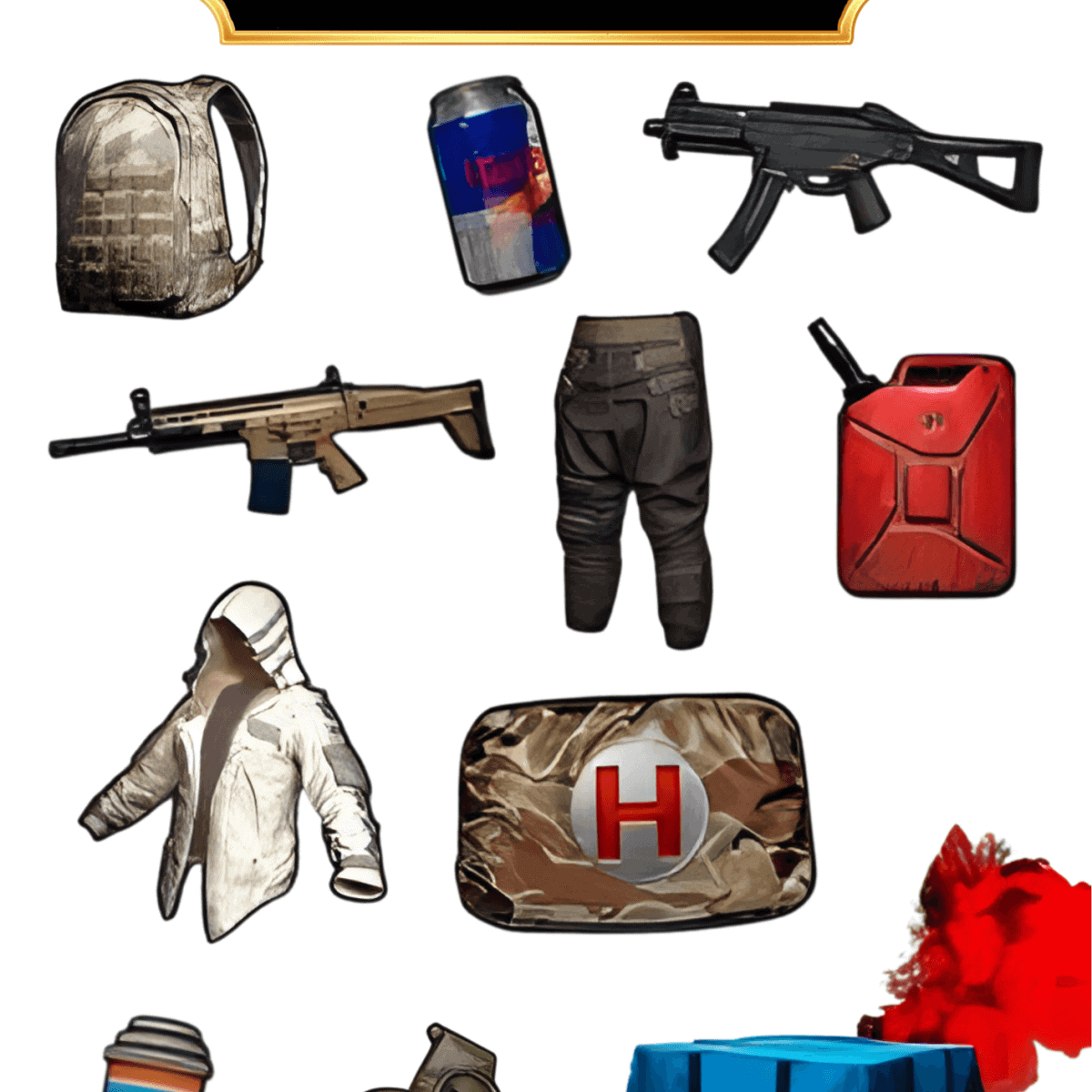 Billeddørs tilbehør til spil og cosplay, inkl. tøj, våben og genstande fra PUBG-tema.