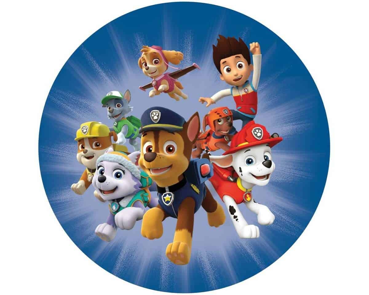 Farvet Kinder Paw Patrol-kage print til fødselsdag eller fest. Tilpassede kagebagerier med populære figurer til børn.