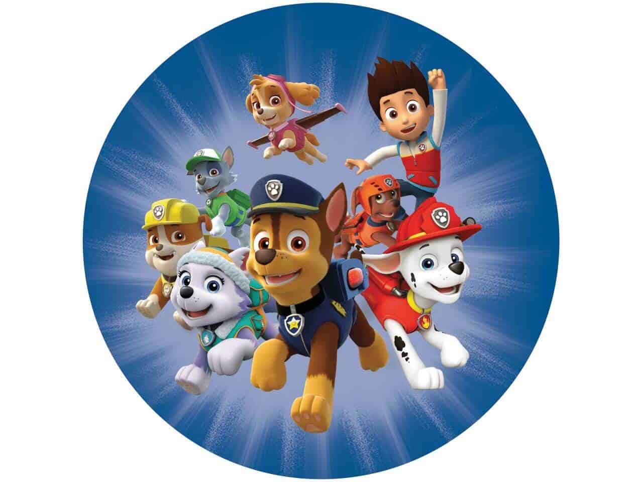 Farvet Kinder Paw Patrol-kage print til fødselsdag eller fest. Tilpassede kagebagerier med populære figurer til børn.