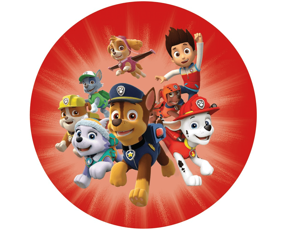 Billed af Paw Patrol-figurer i en rød cirkel, børnevenlig motiveret design til fødselsdagskager.