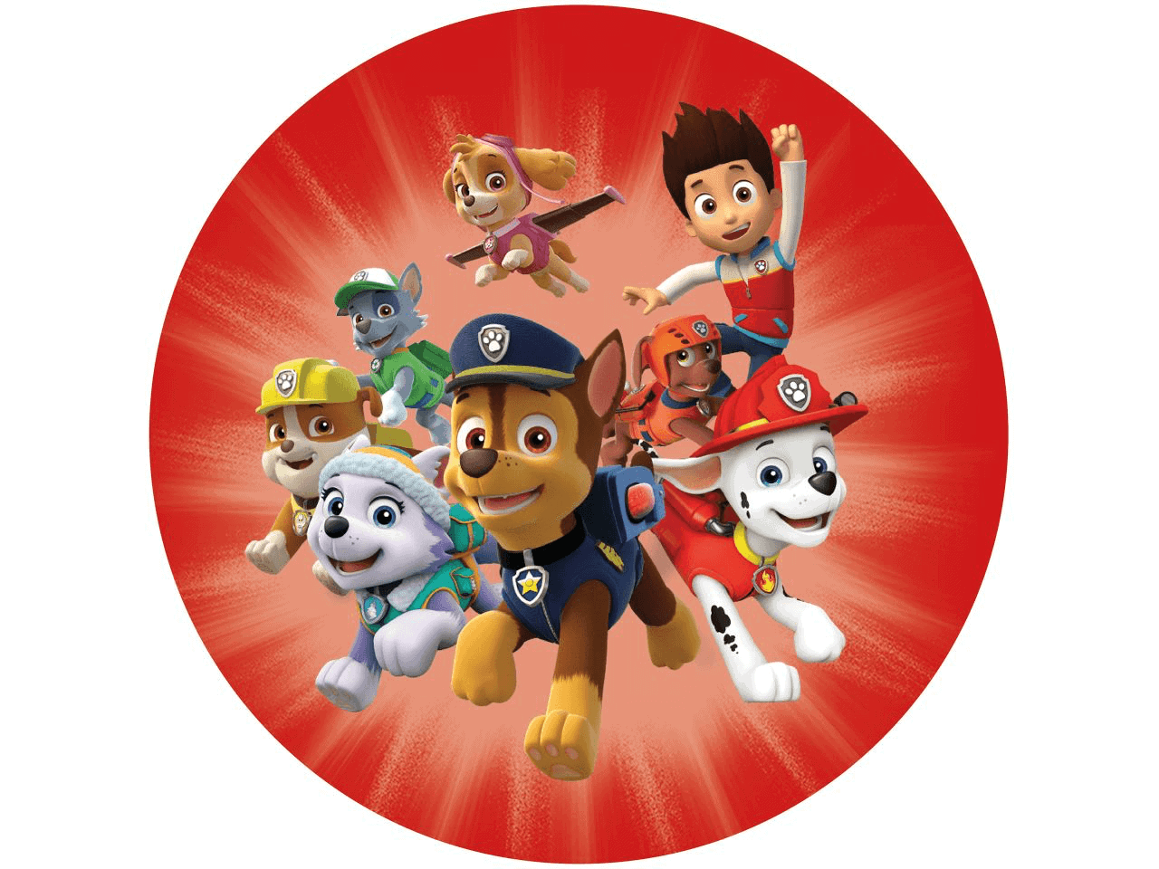 Billed af Paw Patrol-figurer i en rød cirkel, børnevenlig motiveret design til fødselsdagskager.