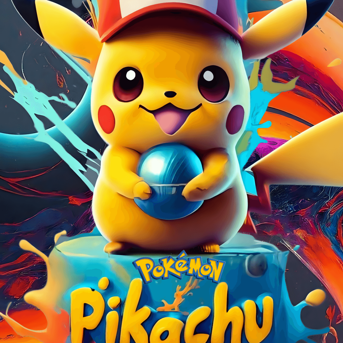 Pokémon Pikachu med hat og bold, farverig celebreringsillustration.