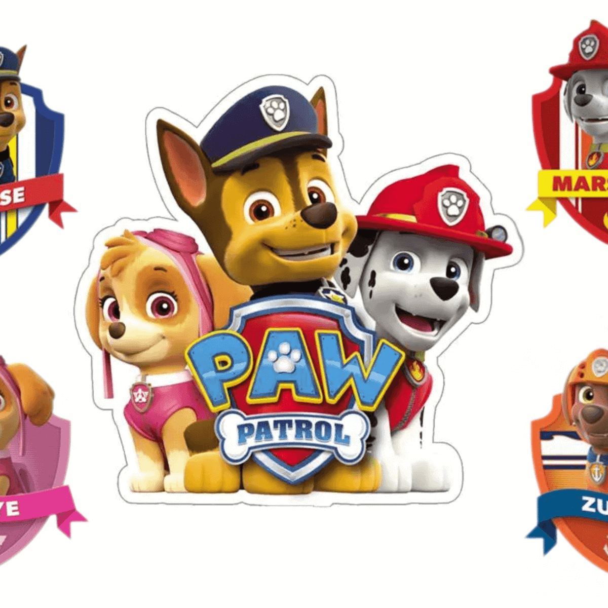 Paw Patrol figurer med logo og badge, børnevenligt design tilføjer sjov til fødselsdagskagen.