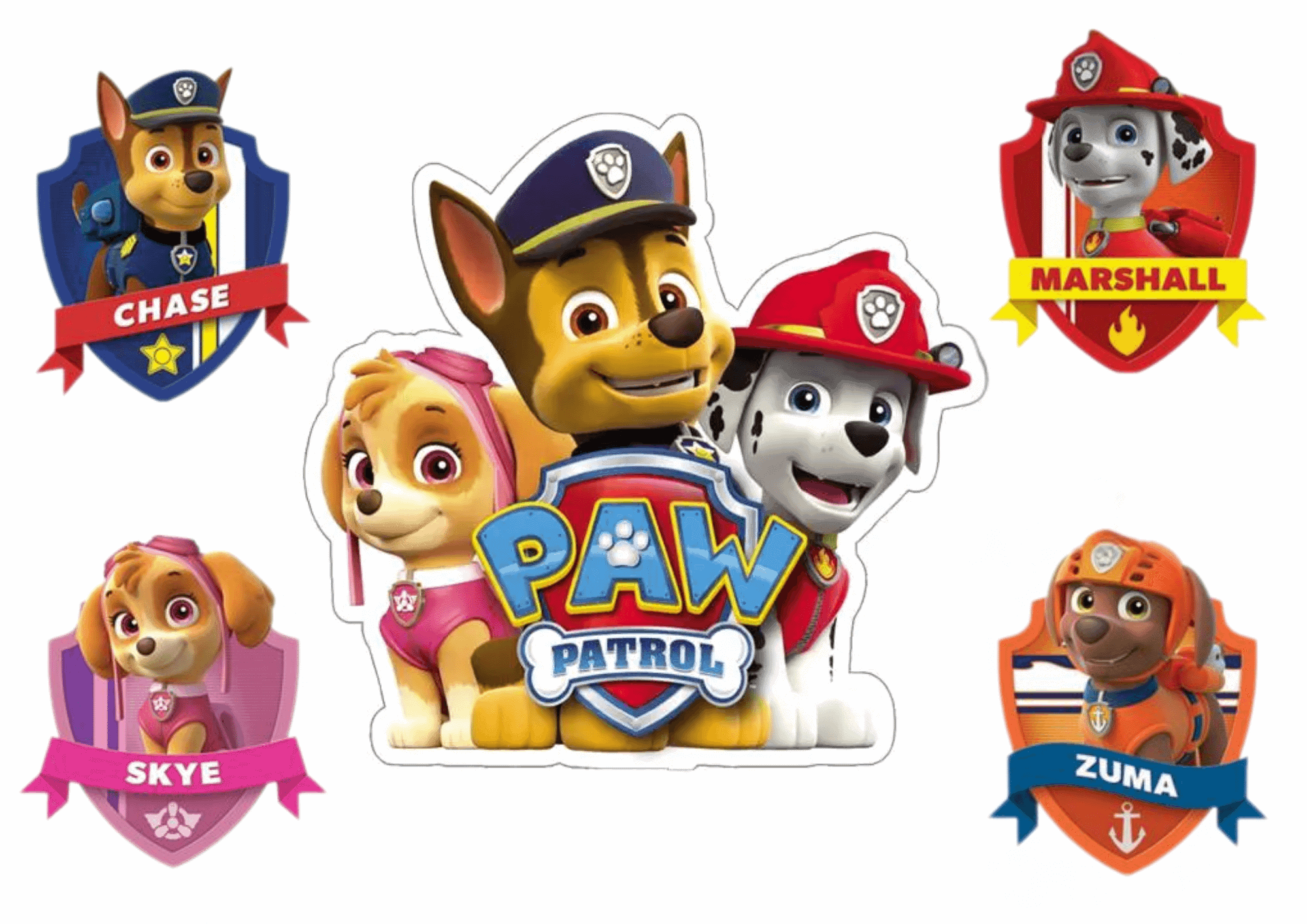Paw Patrol figurer med logo og badge, børnevenligt design tilføjer sjov til fødselsdagskagen.