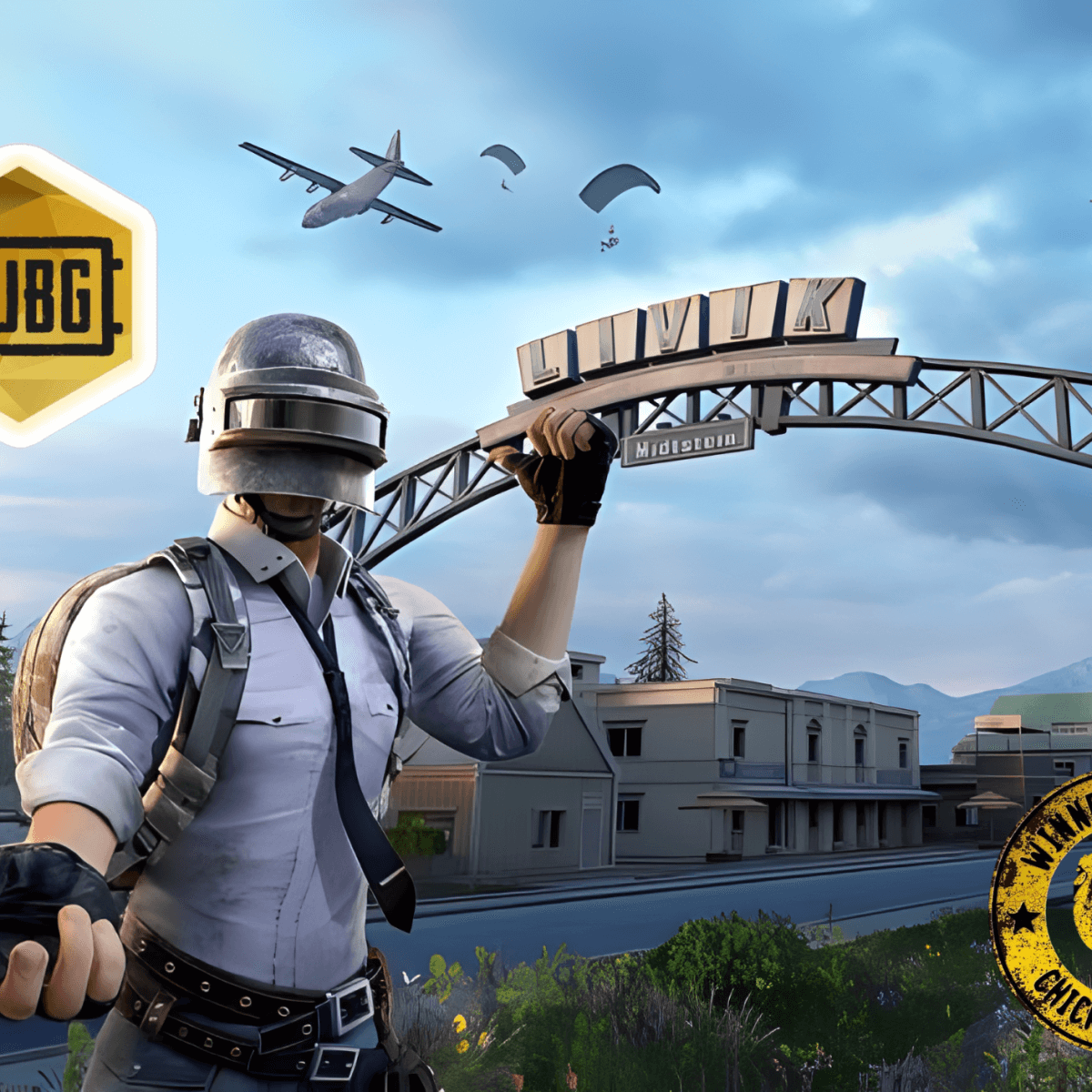 PUBG logo i en flamingo stil med karakter i militærlignende tøj foran en bybro og flyvende paragraftagter i Baggrund.