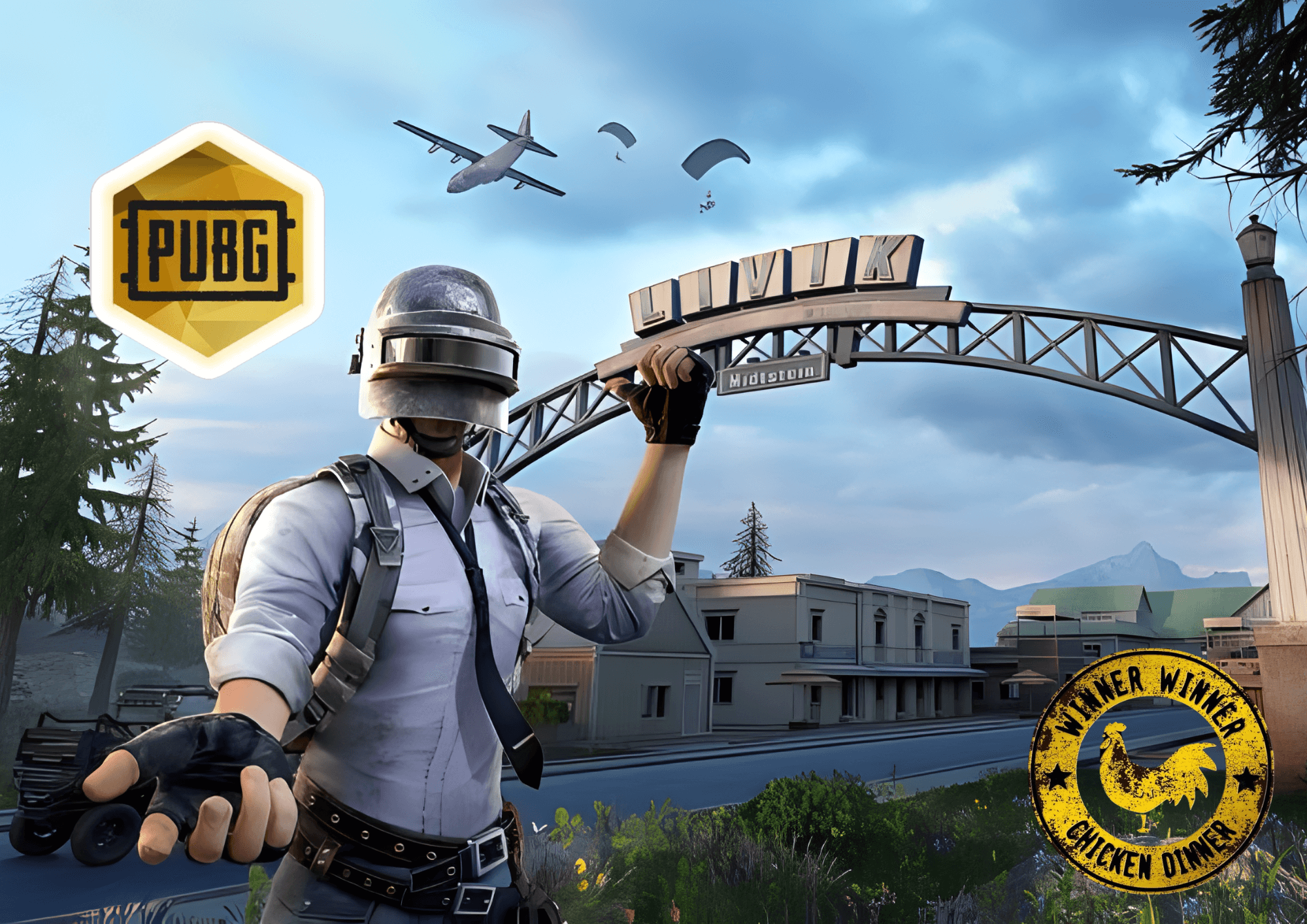 PUBG logo i en flamingo stil med karakter i militærlignende tøj foran en bybro og flyvende paragraftagter i Baggrund.