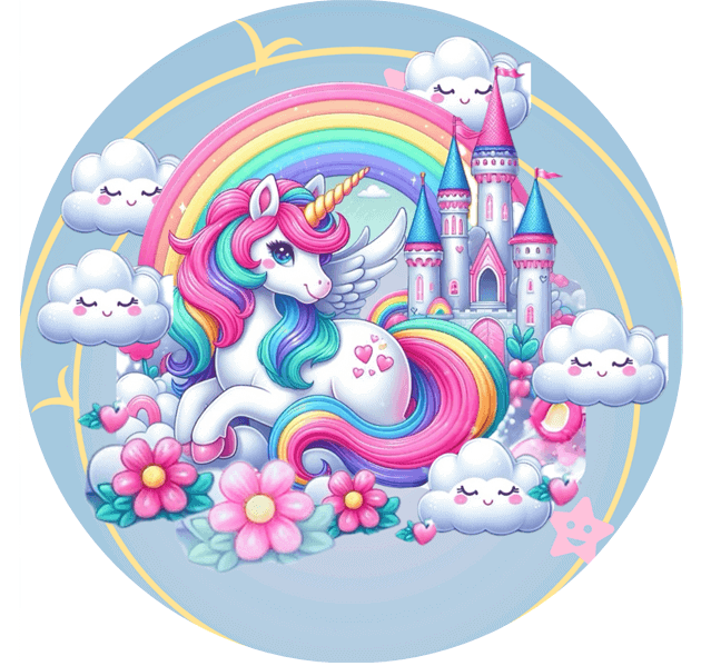 Farvet unicorn med regnbue og slot, børnefødselsdag pynt, magisk fantasiverden.