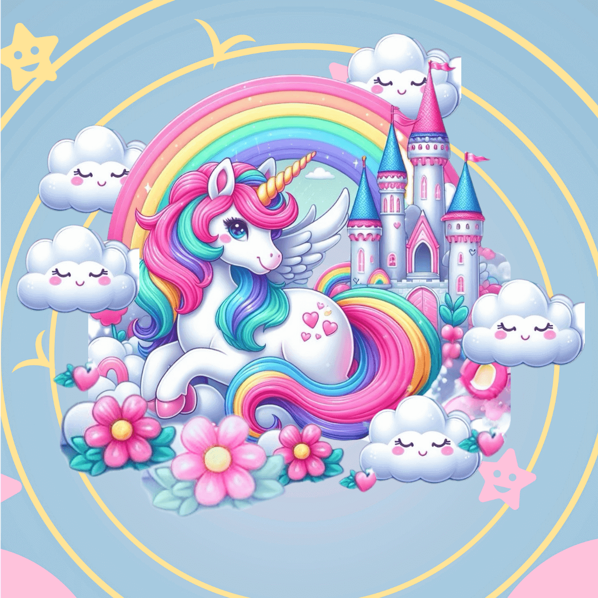 En unicorn med rainbow-hår foran en eventyrslott omgivet af glade skyer og farverige blomster, perfekt til børnefødselsdag.